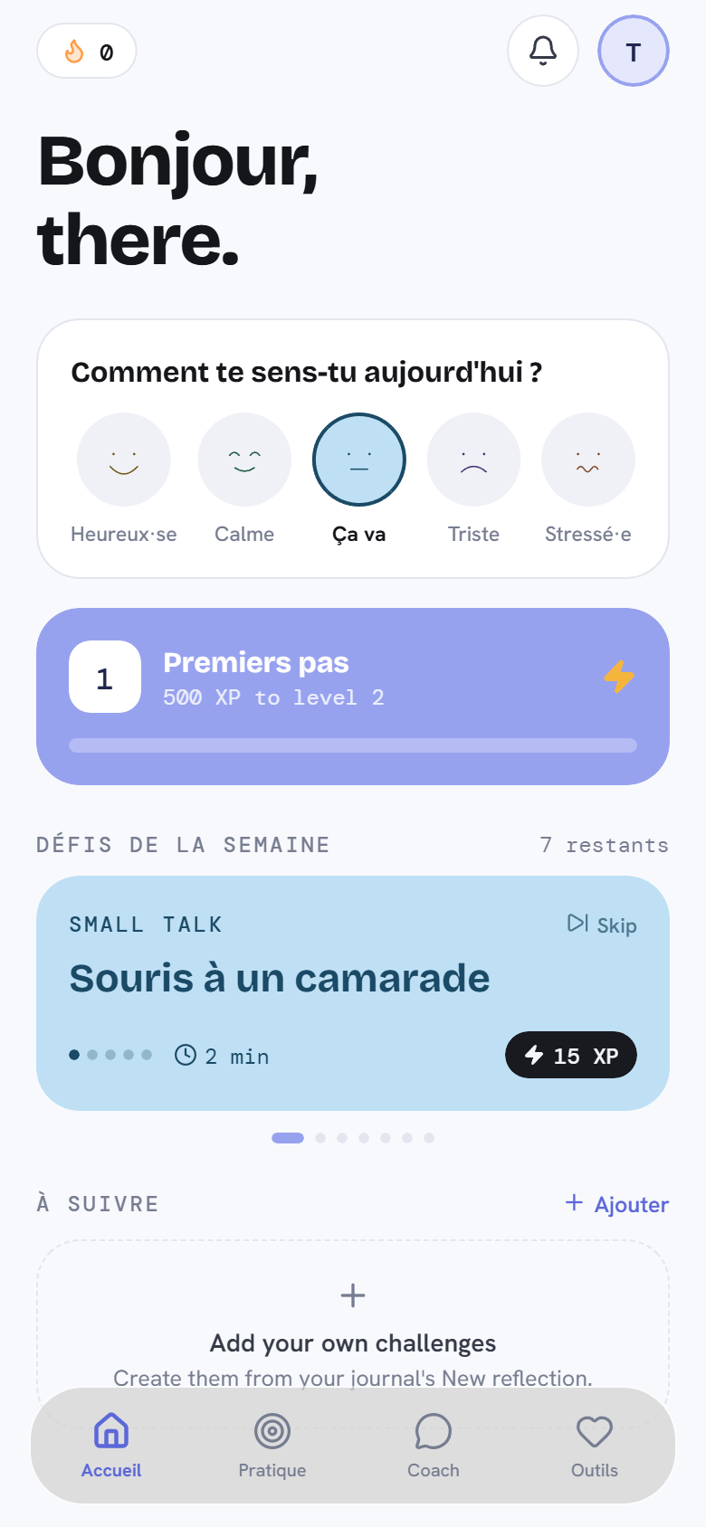 L'écran d'accueil d'UNMUTE : check-in d'humeur et défis de la semaine